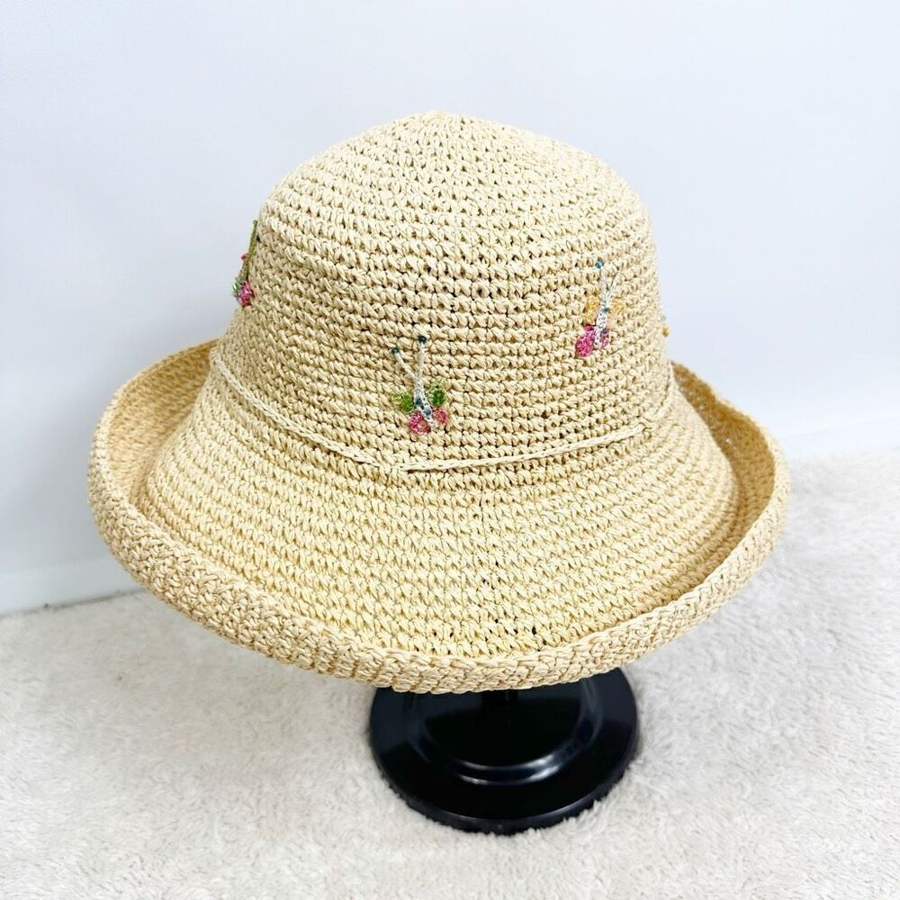 Cappelli Straworld Floral Embroidered Straw Hat Boho Festival Beachy - Picture 7 of 12